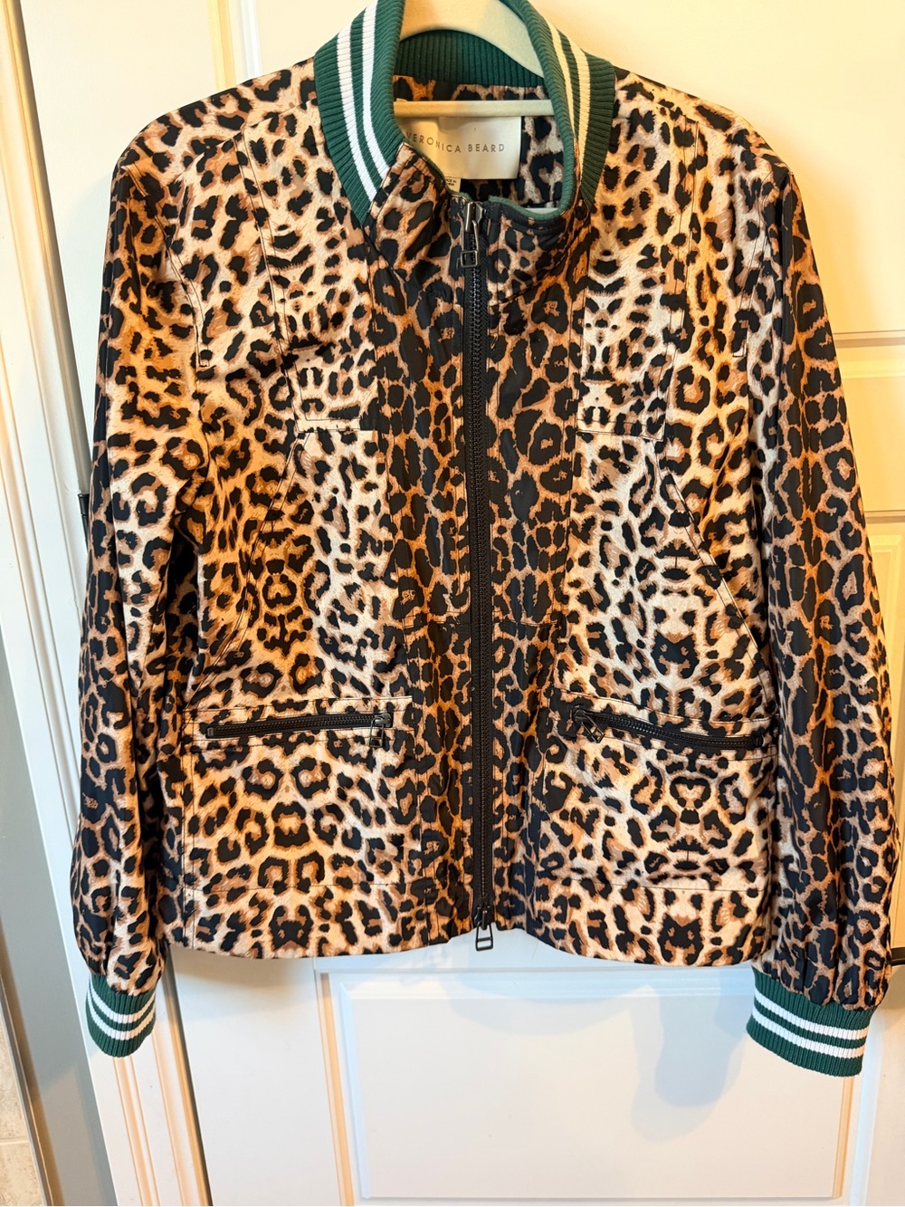 Veronica Beard Leopard-Print Bomber Jacket in Brown and Black with Green Trim